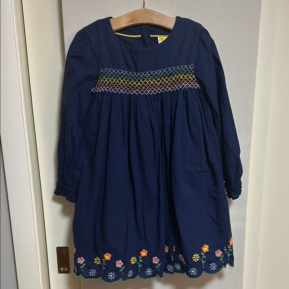 Mini Boden Blue Smocked Sundress with Long Bishop Sleeves